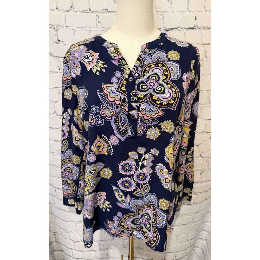 Talbots Blue & Pink Paisley Long Sleeve Rayon Top Blouse Size Medium Petite